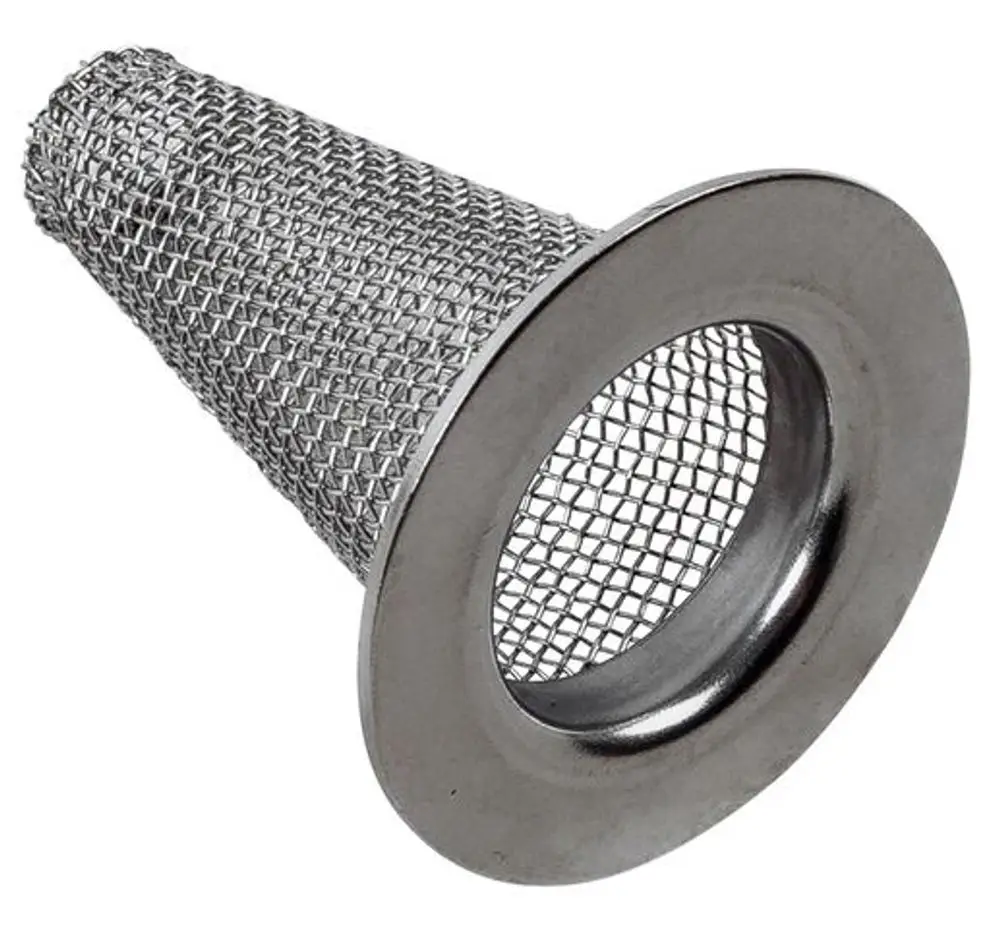 Metallisches Kegelsieb mit einer konischen Form und drahtgewebter Struktur, hergestellt von Wolf. Geeignet für Anwendungen im Bereich Filtration oder Abscheidung.